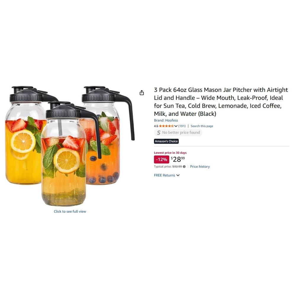 3 Pack 64oz Glass Mason Jar Pitcher with Airtight Lid and Handle – Wide Mouth